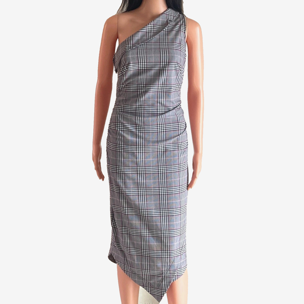 Maeve Anthropologie One Shoulder Asymmetrical Midi Dress Women's 6P Gray Plaid